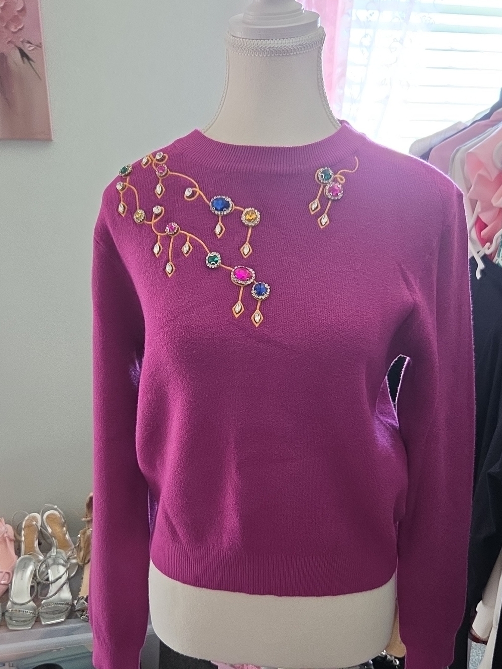 Jeweled Crewneck Crop Length Womans Sweater in Magenta